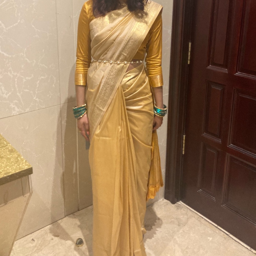 South Asian gold and dandelion yellow saree with blouse